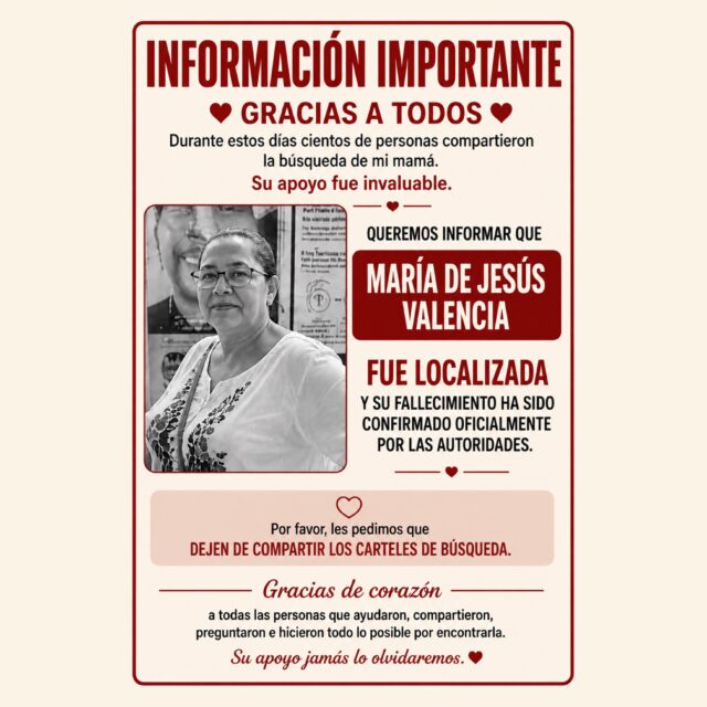 Comunicat sobre la mort de la mare de Valentina.